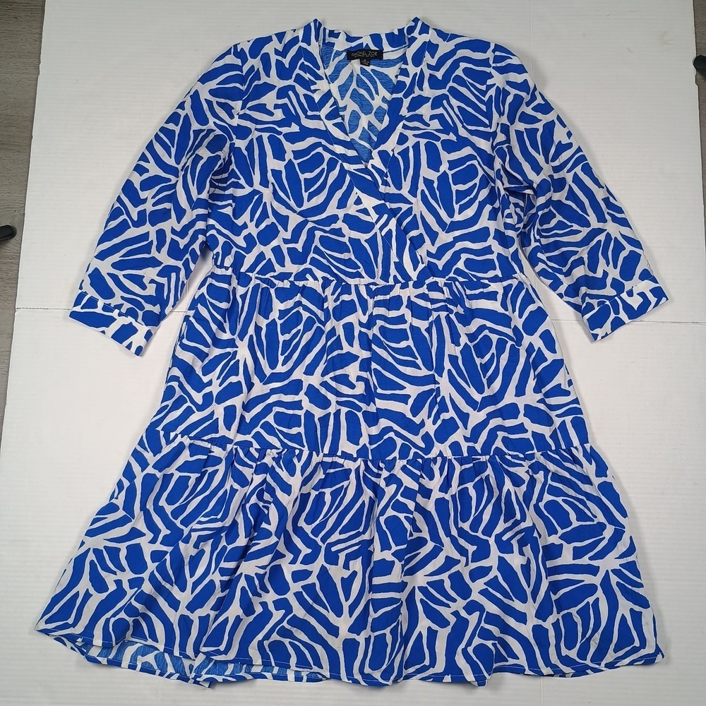 Rachel Zoe Blue White Animal Print Tiered Flowy V Neck 3/4 Sleeve Dress Medium